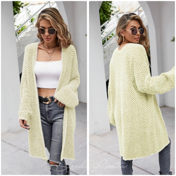 Cozy Herringbone Longline Open Front Fuzzy Cardigan - Picture 4 of 8
